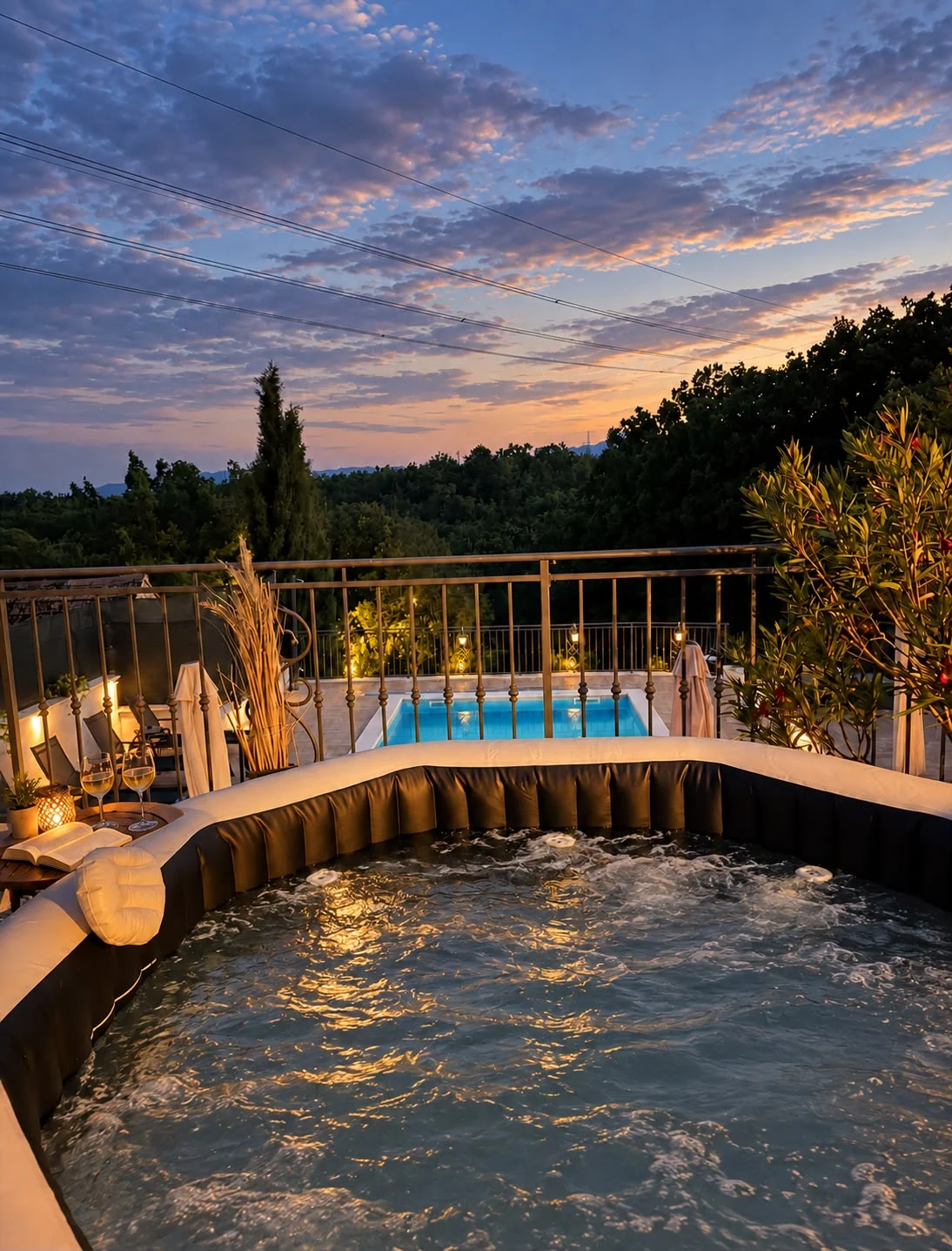 Grijani jacuzzi u suton s pogledom na osvijetljeni bazen